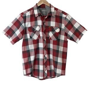 Orvis Mens Size Large Button Up Shirt Plaid Burgundy White Gray Outdoor